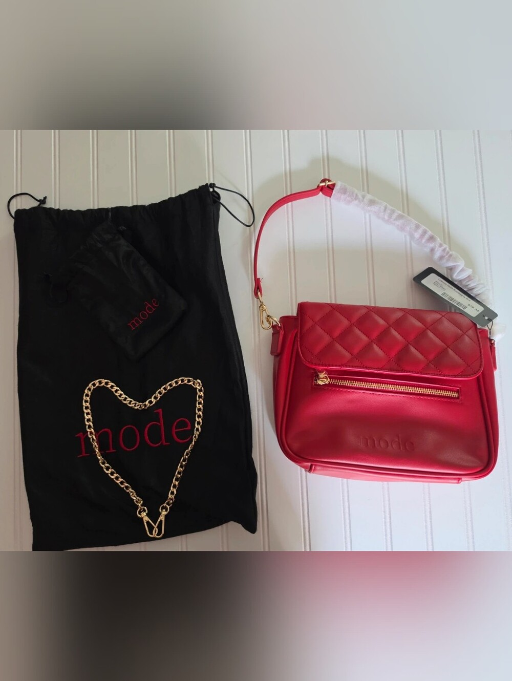 Quilted Red Crossbody Bag with Gold Chain By MODE.